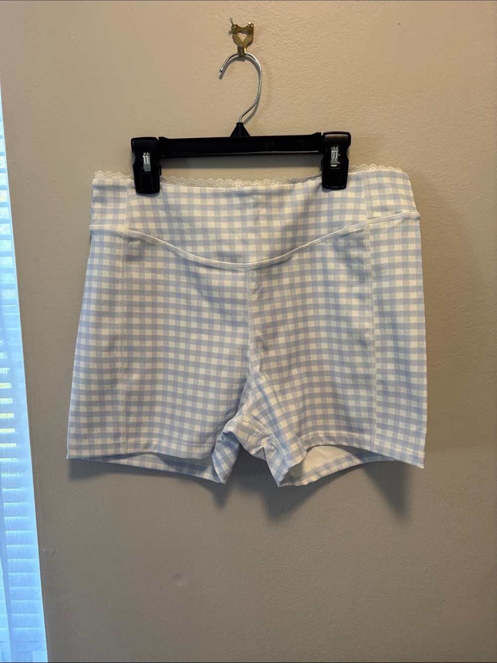 LoveShackFancy High-Waist Gingham Shorts in Light Blue and White